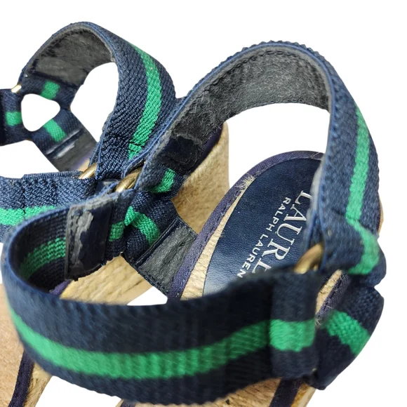 Lauren Ralph Lauren Ilene Espadrille Wedge Sandal Size 9 Navy Green Stripe 3" - Picture 6 of 10